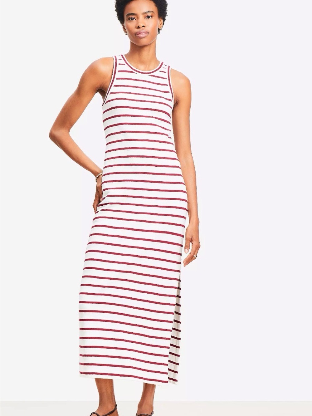LOFT White and Burgundy Striped Sleeveless Maxi Dress